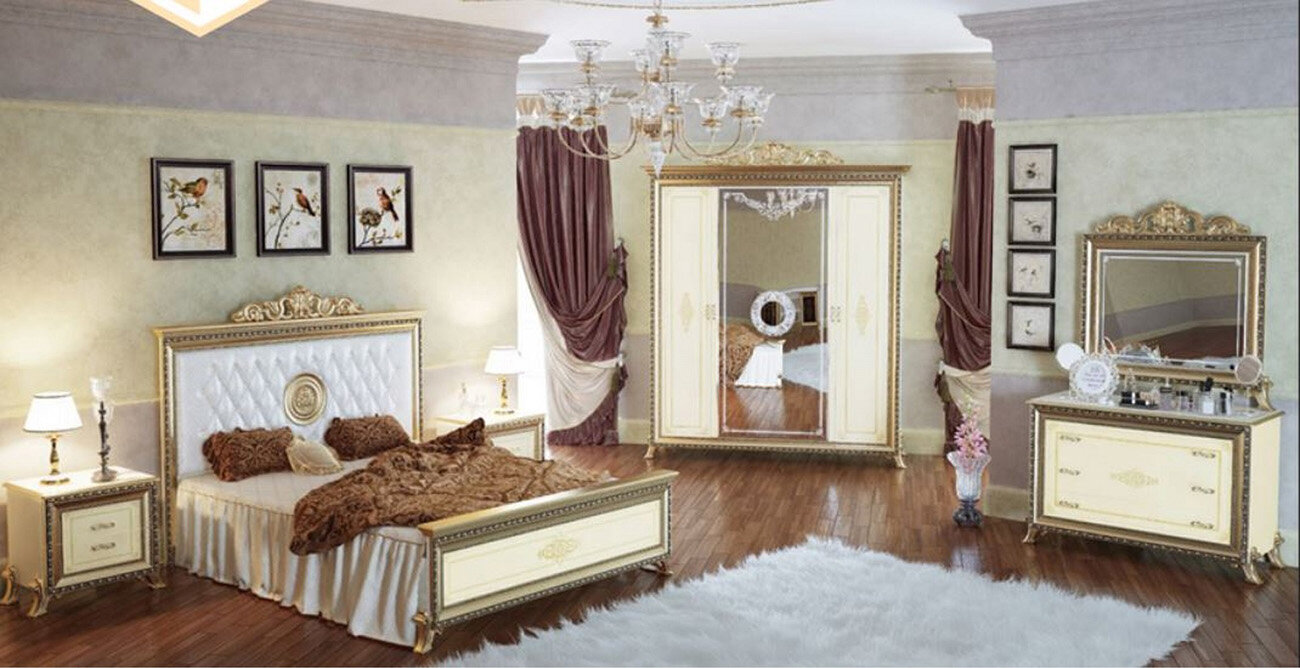 Спальный гарнитур Мэри Версаль слоновая кость (кровать 180х200, шкаф 4дв, тумбочки 2шт, кроватное основание, комод, зеркало) - фотография № 1
