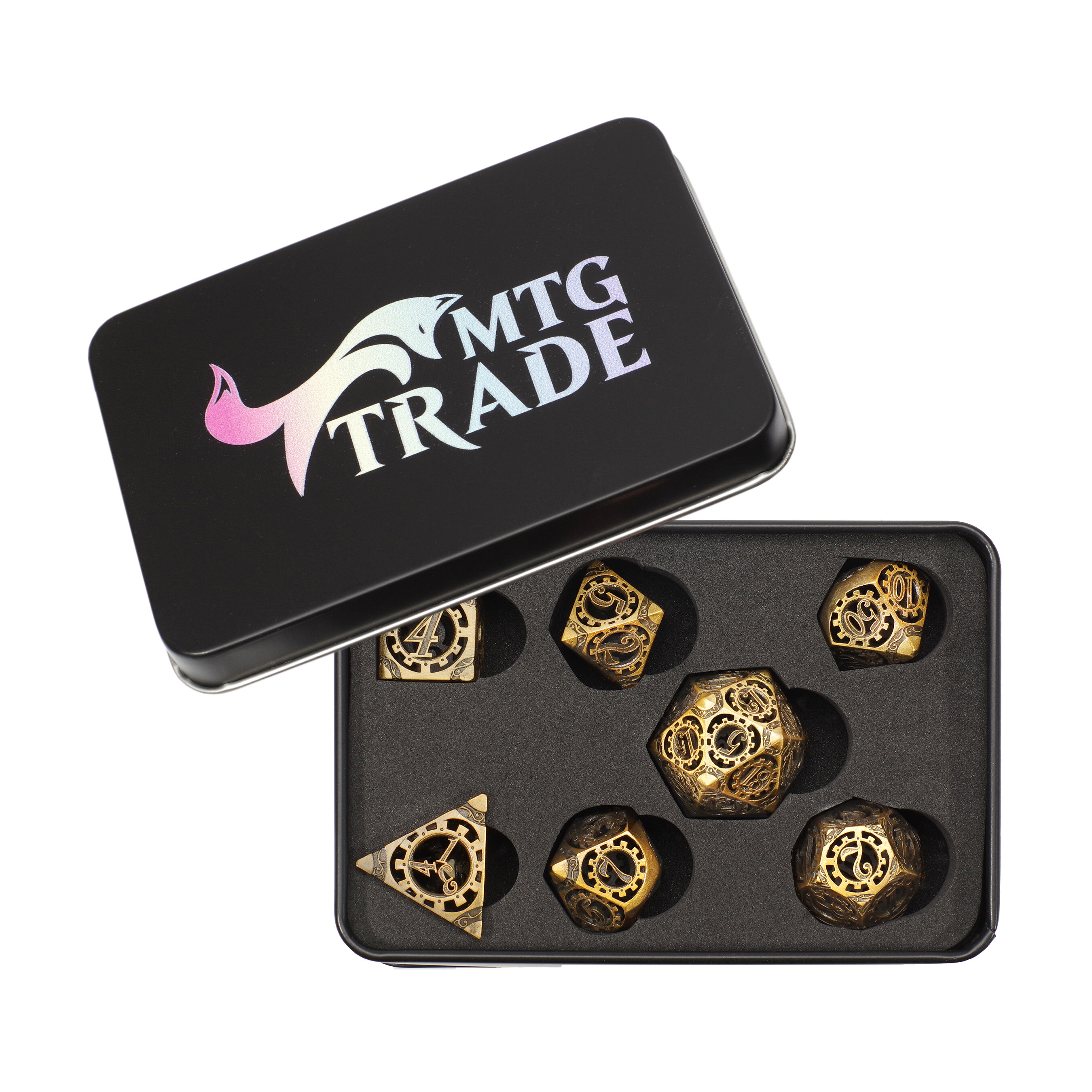 Набор фигурных металлических игральных костей (D4, D6, D8, D10-2, D12, D20) MTGTRADE (латунный)