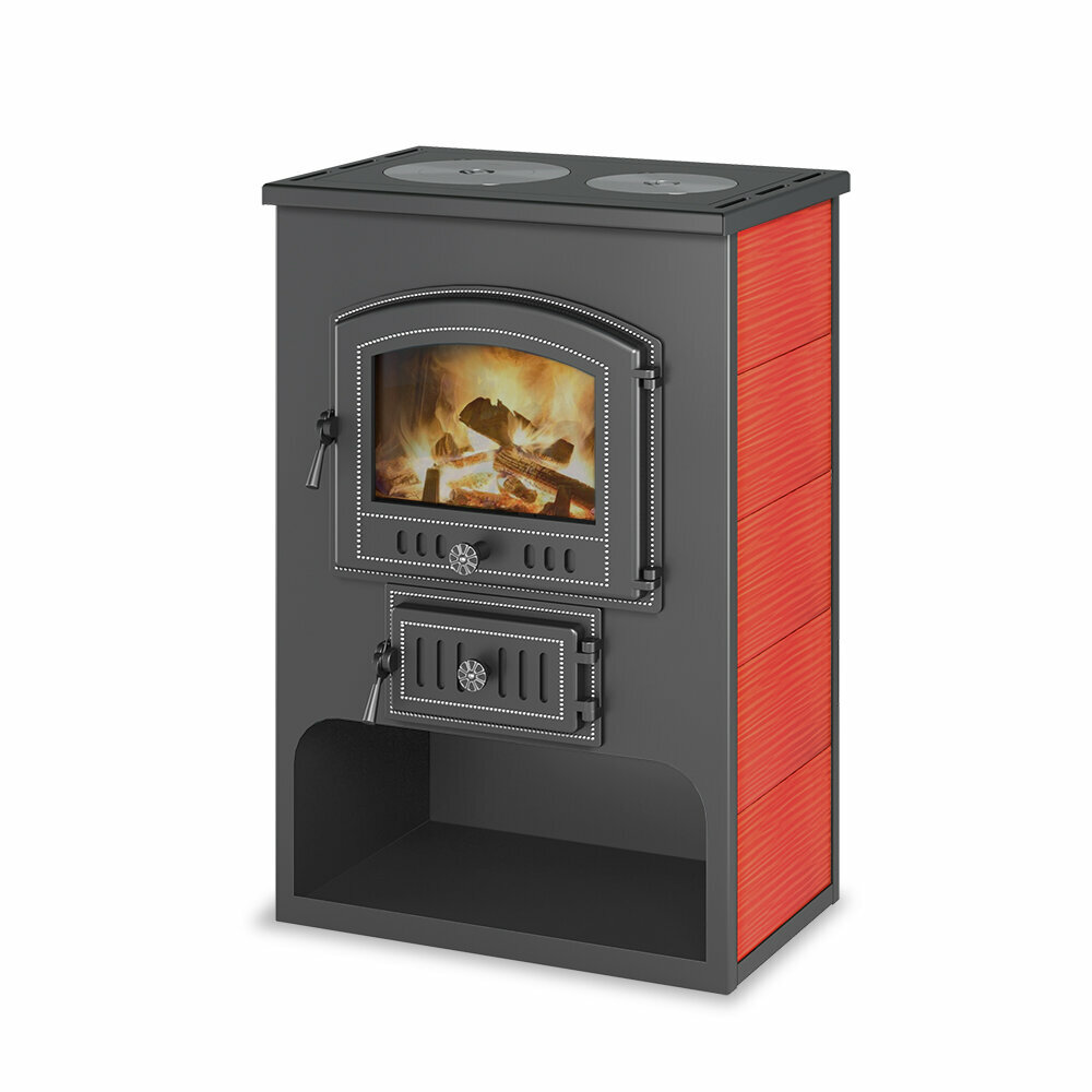 фото Печь-Камин везувий ПК-03 (224) с плитой "Везувий В3" красн. 12 кВт (200 м3) Ø 150 мм диаметр дымохода: 150 мм