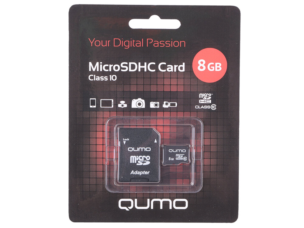 Карта памяти Micro SDHC 8Gb class 10 QUMO QM8GMICSDHC10 + SD adapter