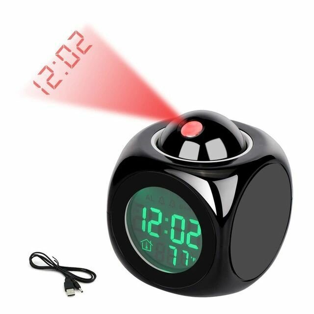 Светодиодные часы с ЖК-дисплеем, будильником и проектором Черный - фотография № 3