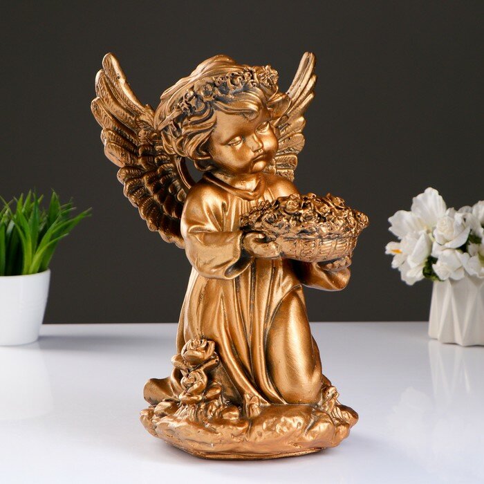 Фигура "Ангел с чашей цветов" бронза 20х17х32см