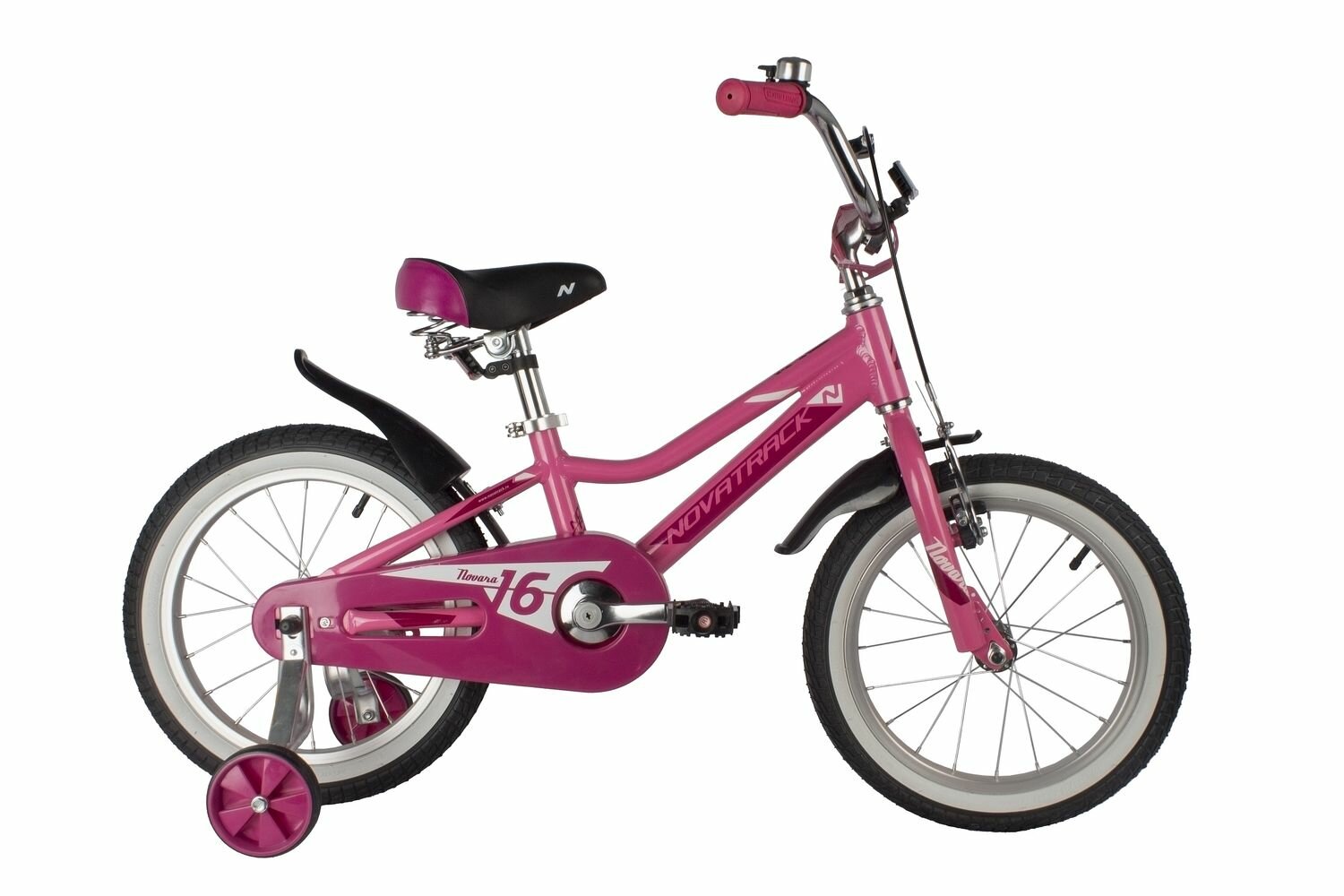 Велосипед NOVATRACK NOVARA 16" (2022) (Велосипед NOVATRACK 16" NOVARA алюм., розовый, пер.руч., зад.нож. тормоз, короткие крылья, полная за)