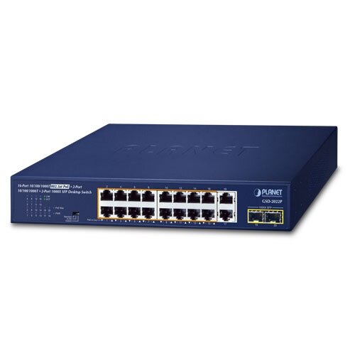 Коммутатор PLANET GSD-2022P 16-портовый 10/100/1000T 802.3at PoE + 2-портовый 10/100/1000T + 2-портовый настольный коммутатор 1000X SFP