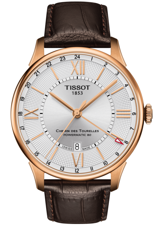 Швейцарские механические часы с автопозаводом Tissot Chemin Des Tourelles Powermatic 80 Gmt T099.429.36.038.00 на кожанном браслете, с водозащитой 5 бар и международной гарантией от производителя