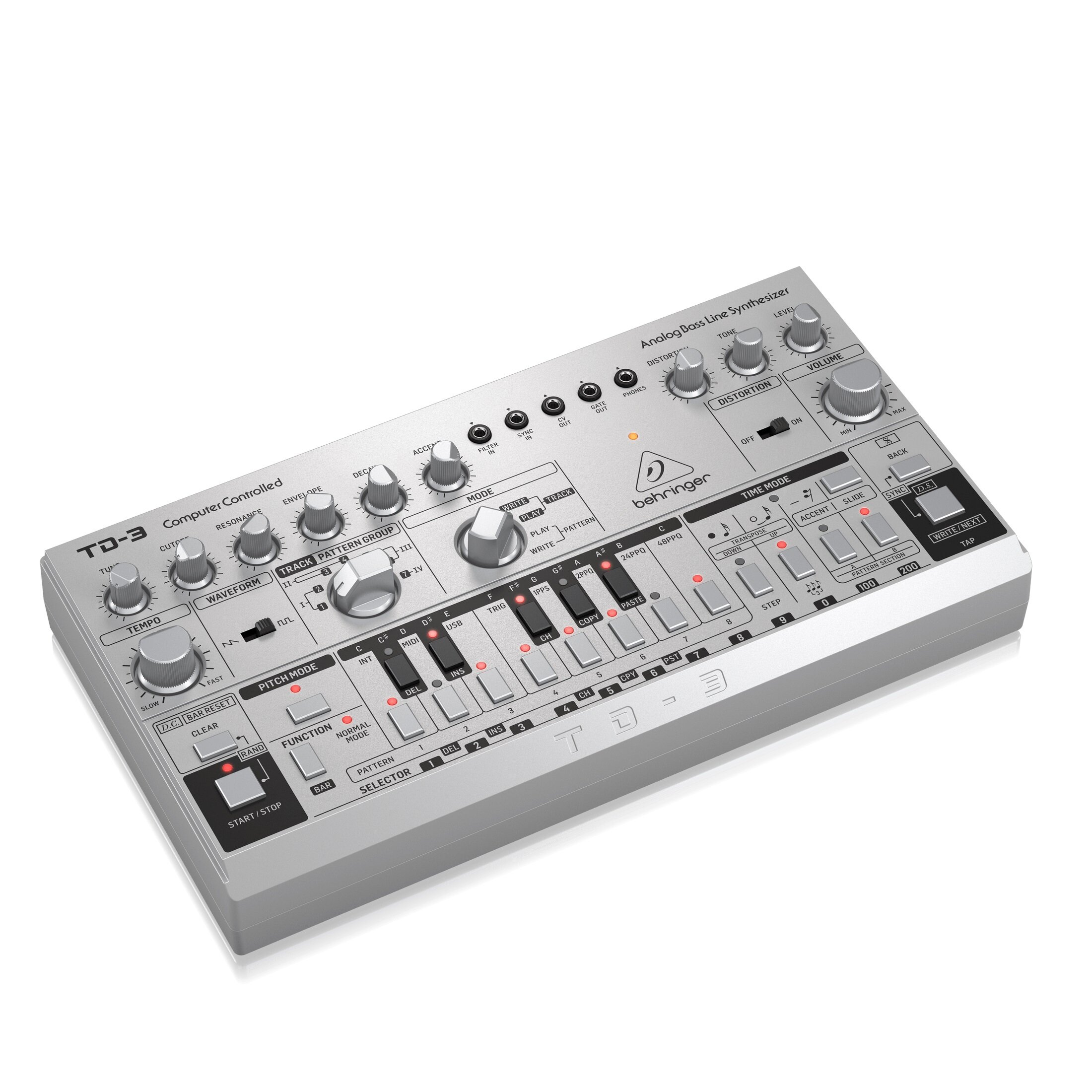 Behringer TD-3-SR басовый синтезатор, встроенный дисторшн, VCO, VCF, VCA, 16-шаговый секвенсор, 16 голосов. Серебристый