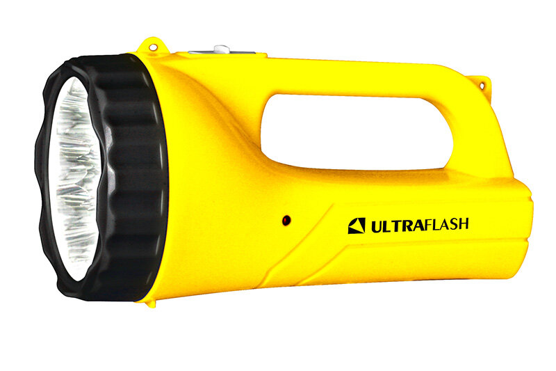 LED аккумуляторный фонарь от 220В 9LED (до 40м) два режима пластик IP22 размер D=70х160мм(выдвижная вилка) желтый цвет - LED3816SM (Ultraflash)(код заказа 14783 И)