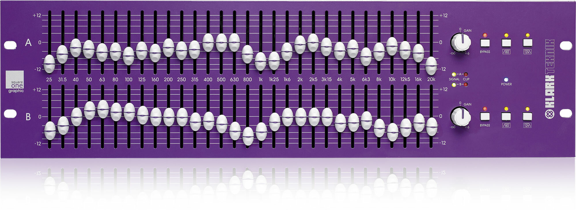 KLARK TEKNIK SQUARE ONE SQ1G графический эквалайзер стерео 30 полос пропорцдобротность фейдеры 45 обрезные ФВЧ 80Гц и ФНЧ 12кГц