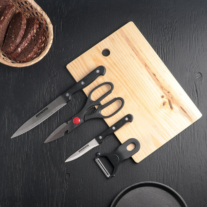 Набор кухонный, 5 предметов: ножи 9,2 см, 15,2 см, овощечистка, ножницы, доска, цвет чёрный - фотография № 1