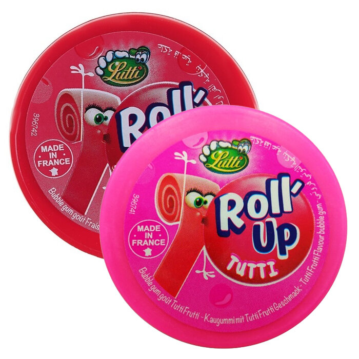 Жевательная резинка Lutti Tubble Gum Roll Up - набор 2 вкуса (тутти-фрутти, клубника) (Франция), 29 г (2 шт) - фотография № 1