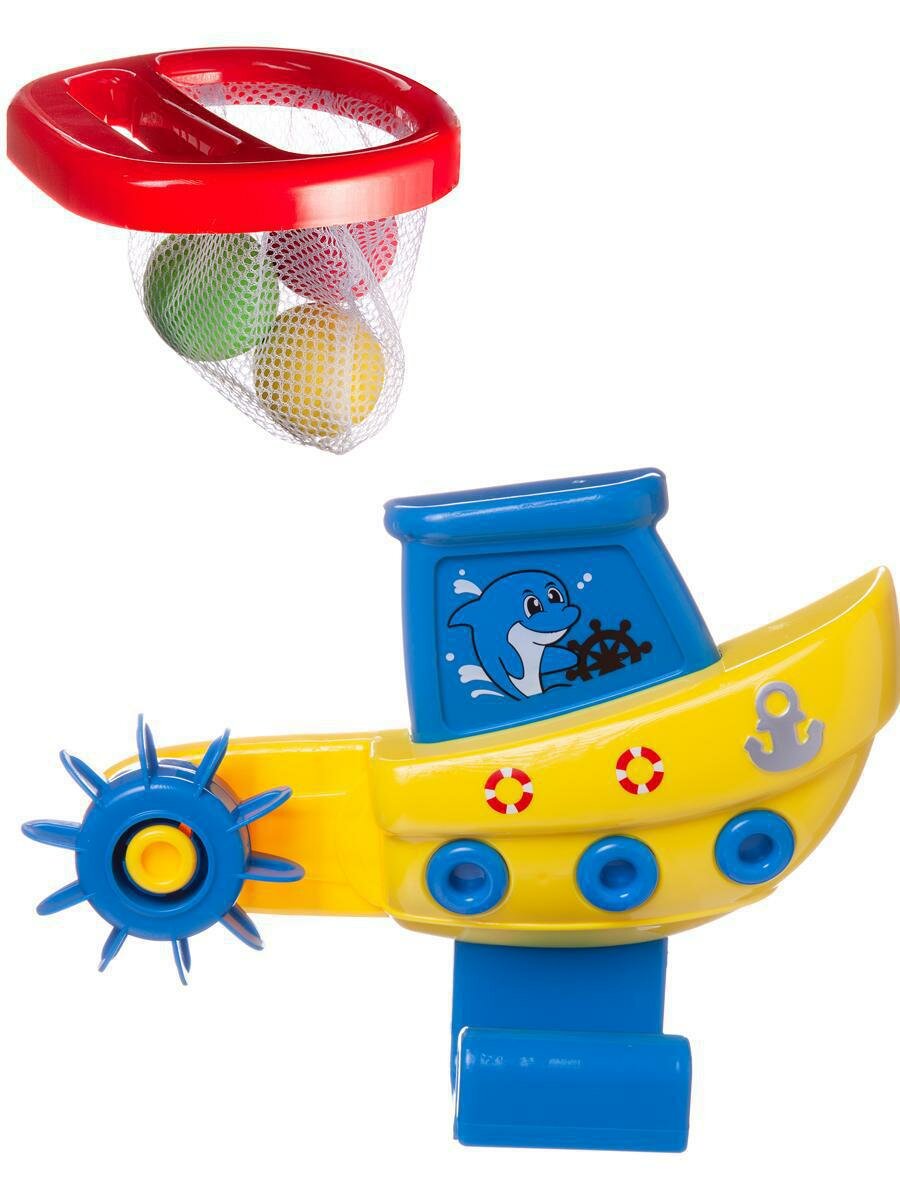Игрушка для ванны ABtoys Веселое купание Кораблик с корзиной и 3 мячиками для водного баскетбола Junfa Toys - фото №1