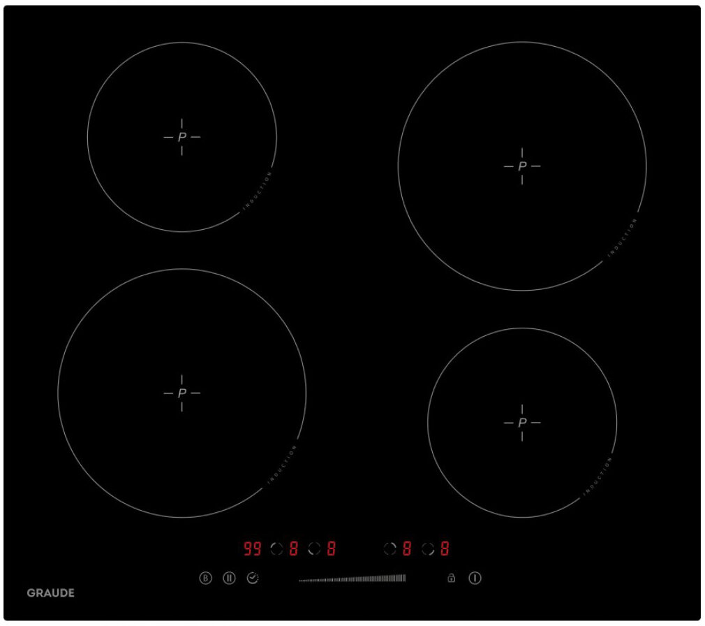 Индукционные варочные панели Graude/ Индукционная, 590 х 62 х 520 мм, Сенсорное управление, 9 ступеней нагрева, Функция таймера, Индикация остаточно