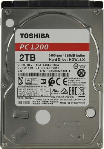 Жесткий диск 2TB SATA 6Gb/s Toshiba (KIOXIA) HDWL120UZSVA 2.5" L200 5400rpm 128MB NCQ Bulk