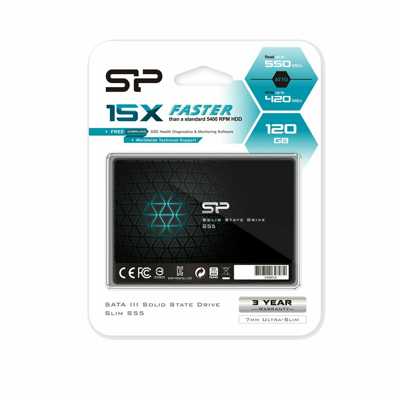 Накопитель SSD Silicon Power SP120GBSS3S55S25 Slim S55 /SATA III/120GB /Скорость чтения 560МБайт/с Скорость записи 530МБайт/с