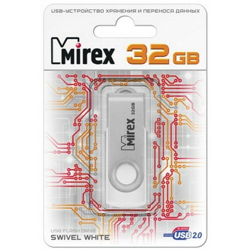 Флешка Mirex Swivel White 32 Гб usb 2.0 Flash Drive - белый + металлик