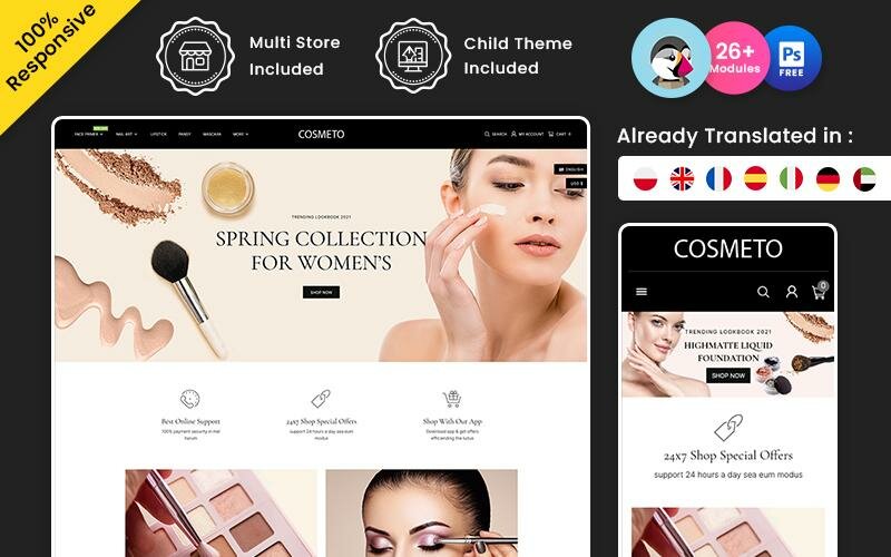 Cosmeto - cosmetic and Fashion Multipurpose Prestashop store Тема PrestaShop