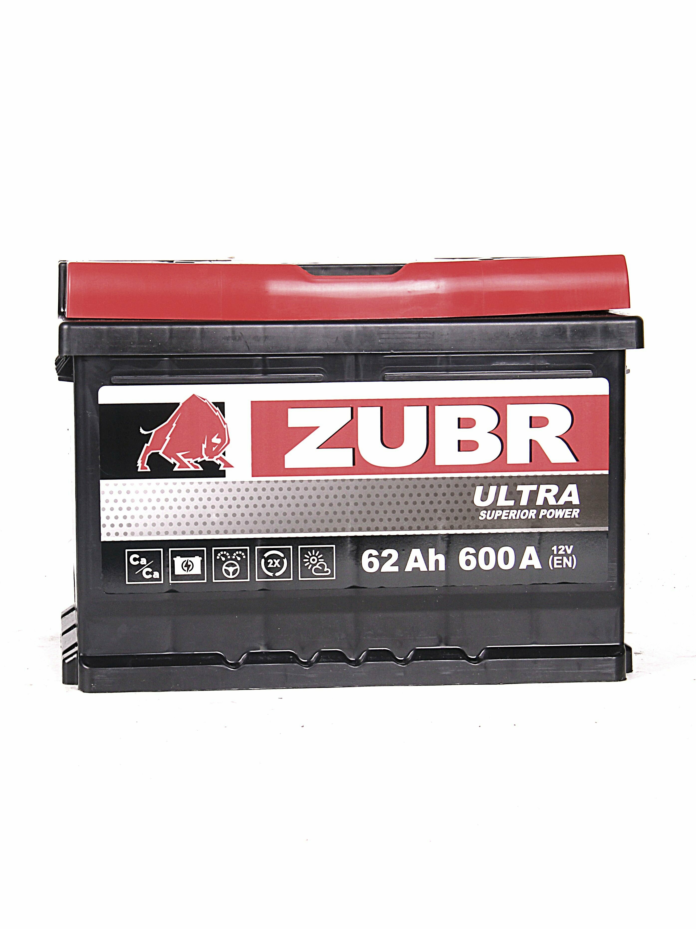 Аккумулятор автомобильный ZUBR ULTRA 62Ач R+ EN600A 242x175x175 (ZU620) B13 обратная полярность низкий