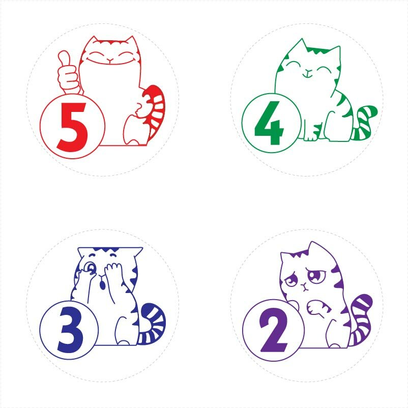 Комплект полуавтоматических печатей для школы «Коты (стикер)» 4 цветных печати ручная оснастка с кнопкой д.24 мм Тип-9