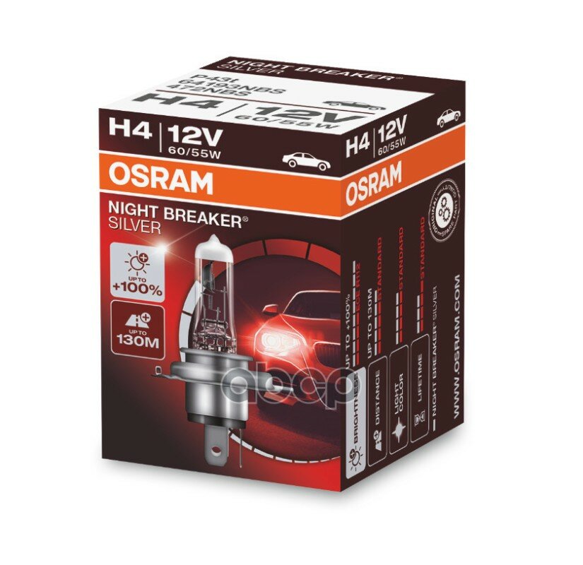 64193nbs  H4 60/55w 12v P43t Night Breaker Silver ( 1 ) Osram . 64193NBS