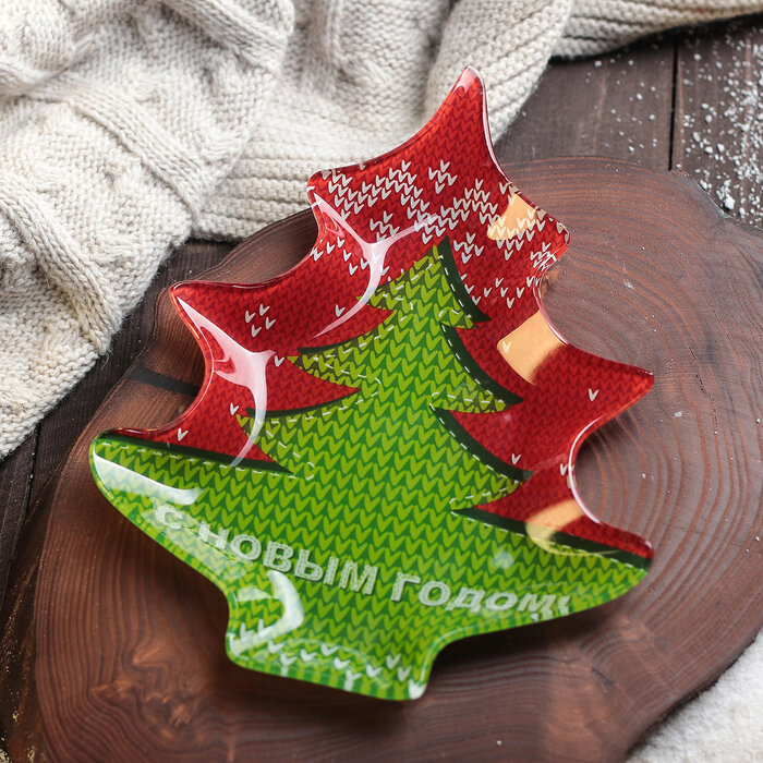 фото Блюдо стеклянное сервировочное Доляна «Ёлочка. С Новым Годом», 16,9×20,3 см