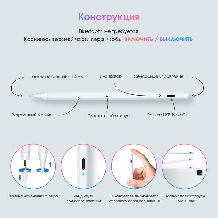Market-Space Стилус для iPad 2018-2021, 140 мАч, высокоточный, чувствительный к наклону, магнит, белый — фото 5