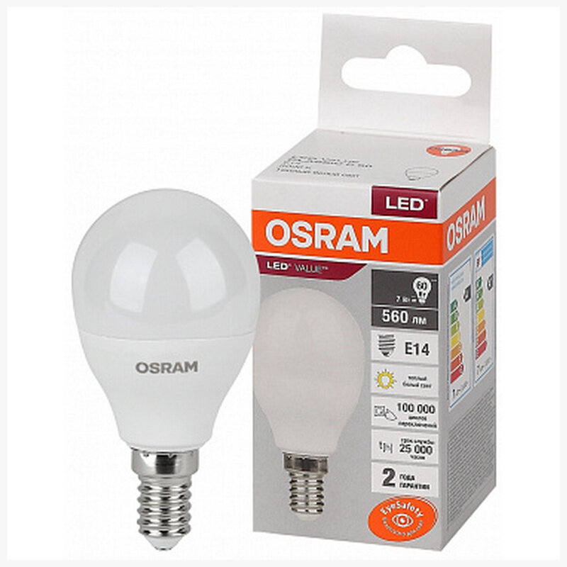 Osram/Ledvance Лампа Osram LV CL P60 7SW 830 220 240V FR E14 560lm 180* 25000h шарик LED, 4058075579620