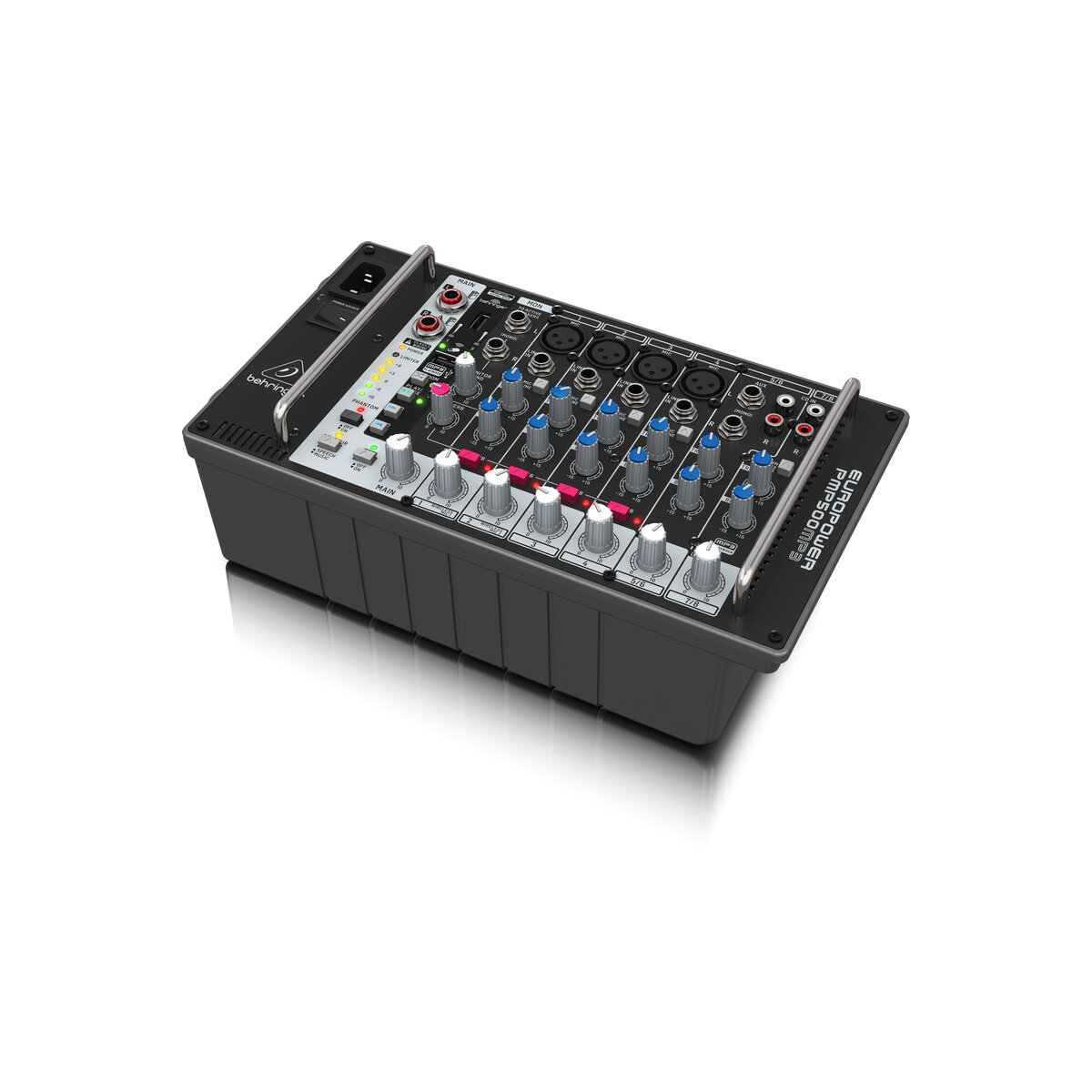 Behringer PMP500MP3 микшер-усилитель 2 х 250Вт 4Ом 8 каналов (4 мик.моно, 2 стерео), mp3-плеер, ревербератор, выход на мониторы, адаптер на мик.стойку