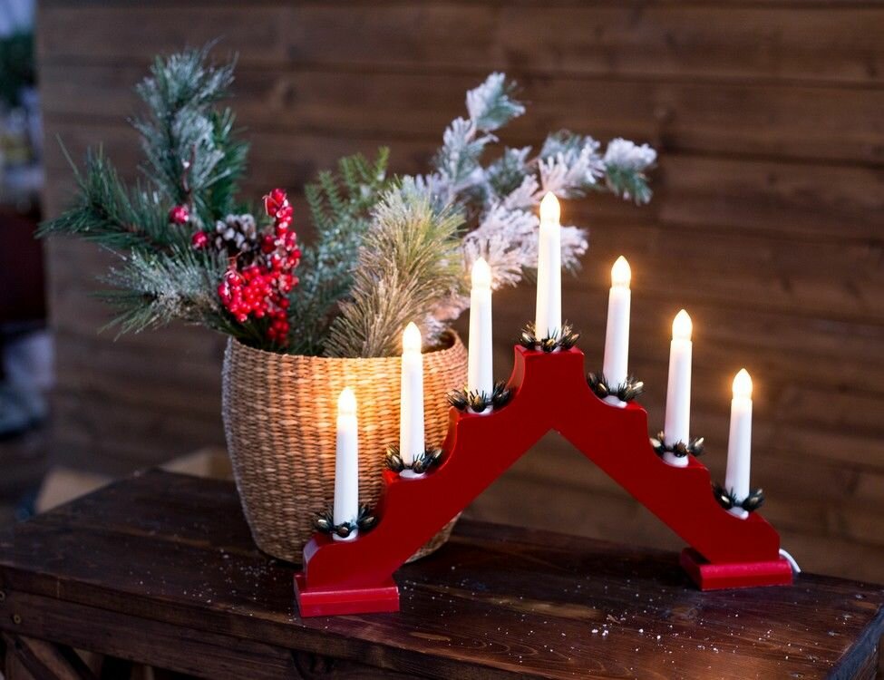 Светильник-горка рождественская свет В окошке, красный, на 7 свечей, 38х30 см, Kaemingk (Lumineo) 540426