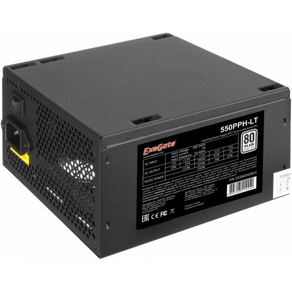 Блок питания 550W ExeGate 550PPH-LT, RTL, 80+, ATX, black, APFC, 12cm, 24p, (4+4)p, 5*SATA, 3*IDE