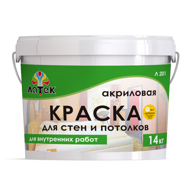 фото Краска акриловая латек л201 для стен и потолков 14кг белая, арт. 4607067847409
