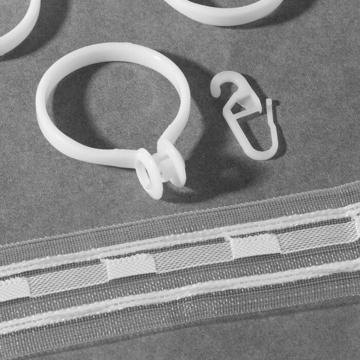 Набор для штор, кольца и крючки, 20 шт, лента 1,5 м, цвет белый - фотография № 1
