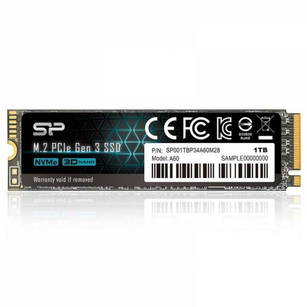 Накопитель SSD M.2 Silicon Power 1.0Tb A60 (SP001TBP34A60M28) (PCI-E 3.0 х4, up to 2200/1600MBs, 250000 IOPs, 3D TLC, NVMe 1.3, 600TBW, 22х80мм)