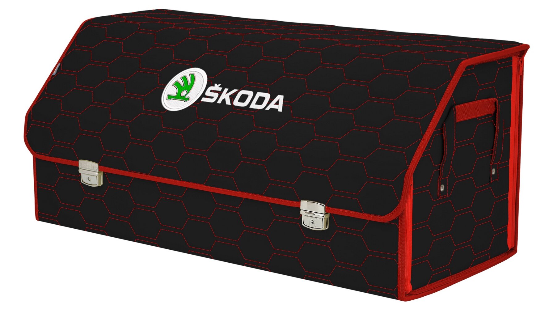 Органайзер-саквояж в багажник "Союз Премиум" (размер XXL). Цвет: черный с красной прострочкой Соты и вышивкой Skoda (Шкода).