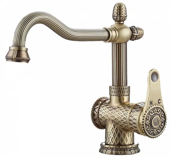 Смеситель Zorg Antic A 424U-BR для раковины, латунь бронзовый, ретро, с орнаментом, одноручковый, поворотный