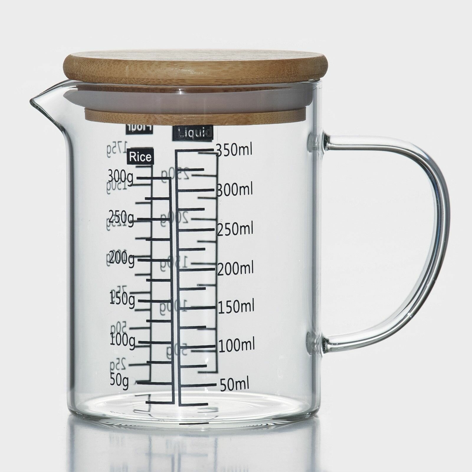 фото Кувшин стеклянный мерный с бамбуковой крышкой BellaTenero «Эко», 350 мл, 12,5×7,5×11,5 см, мерная шкала цвет микс