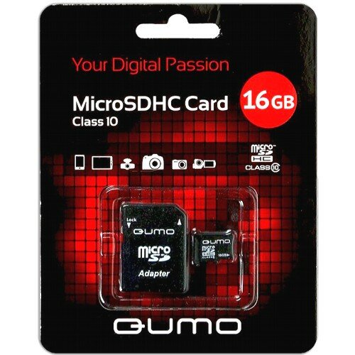 Карта памяти microSDHC Qumo 16 Гб класс 10 FULL HD 1080 Video - с адаптером SD