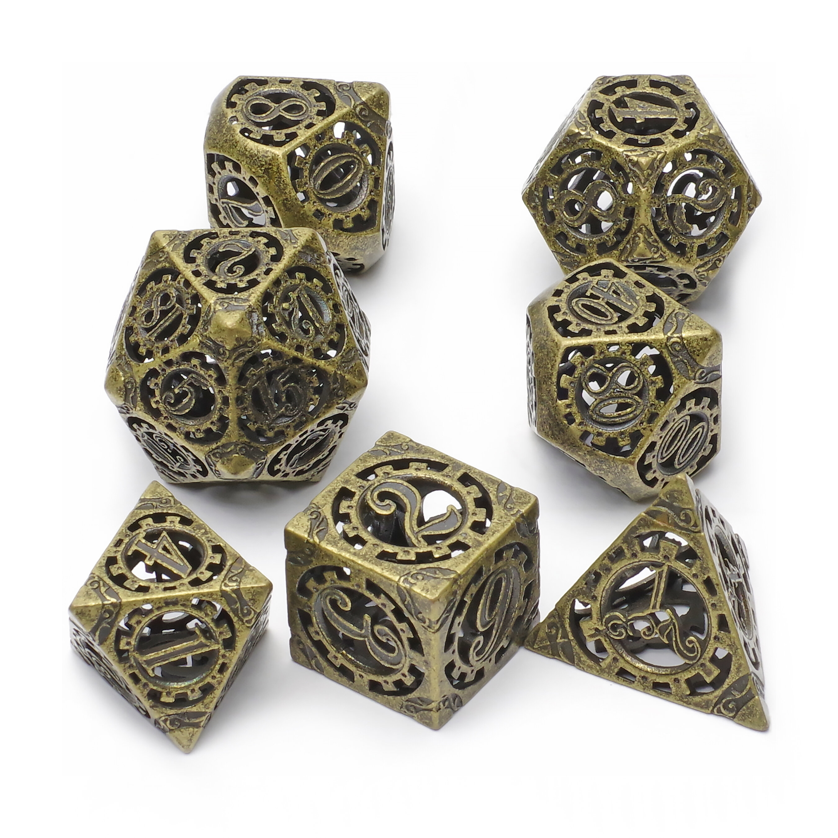 Набор фигурных металлических игральных костей (D4, D6, D8, D10-2, D12, D20) MTGTRADE (античный латунный)