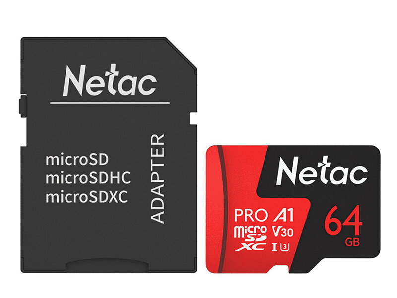 Карта памяти 64Gb - Netac P500 Extreme Pro MicroSDXC Class 10 A1 V30 NT02P500PRO-064G-R с переходником под SD