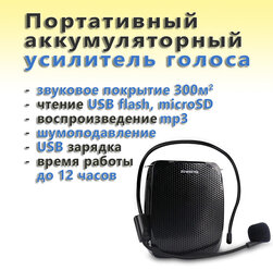 Портативный усилитель голоса аккумуляторный (USB зарядка, чтение USB flash, mp3) Zoweetek