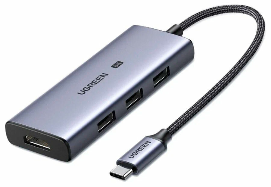 Адаптер UGREEN USB-C to 3×USB 3.0+HDMI (8K@30Hz), серый - фото №1