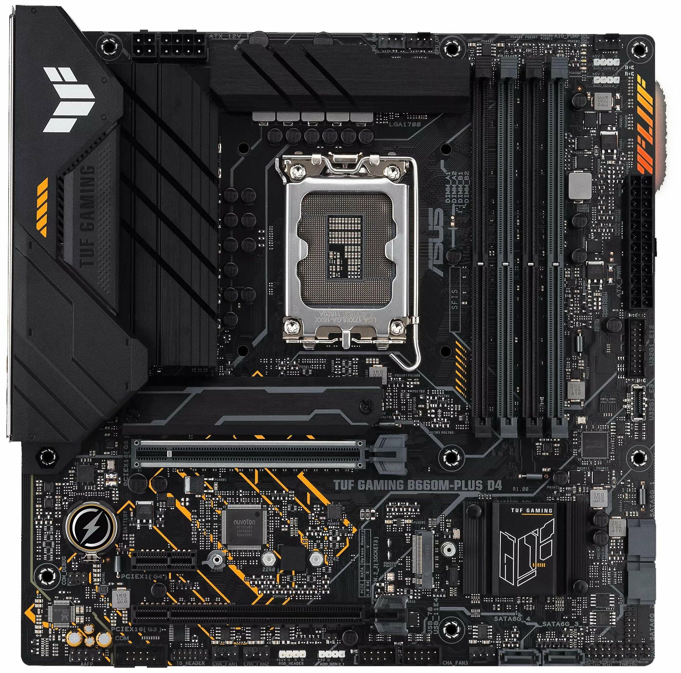 ASUS Материнская плата Socket1700 ASUS TUF GAMING B660M-PLUS D4 (iB660, 4xDDR4, M.2, SATA III, RAID, 2xPCI-E, HDMI, DP, 2.5Гбит LAN, USB3.2, Type-C, mATX) (ret)