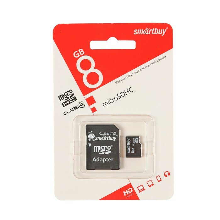 Smartbuy Карта памяти Smartbuy microSD, 8 Гб, SDHC, класс 4, с адаптером SD