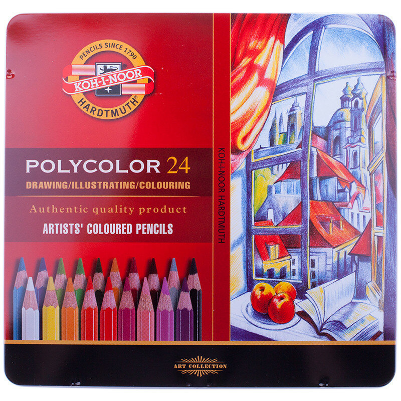 Карандаши цветные художественные Koh-I-Noor "Polycolor", 24цв., заточен., метал. пенал, 132740