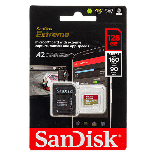 Карта памяти microSDXC UHS-I U3 Sandisk Extreme 128 ГБ, 160 МБ/с, Class 10, SDSQXA1-128G-GN6MA, 1 шт., переходник SD