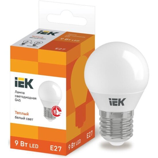 Светодиодная лампа IEK ECO G45 9Вт шар 3000К E27 230В LLE-G45-9-230-30-E27