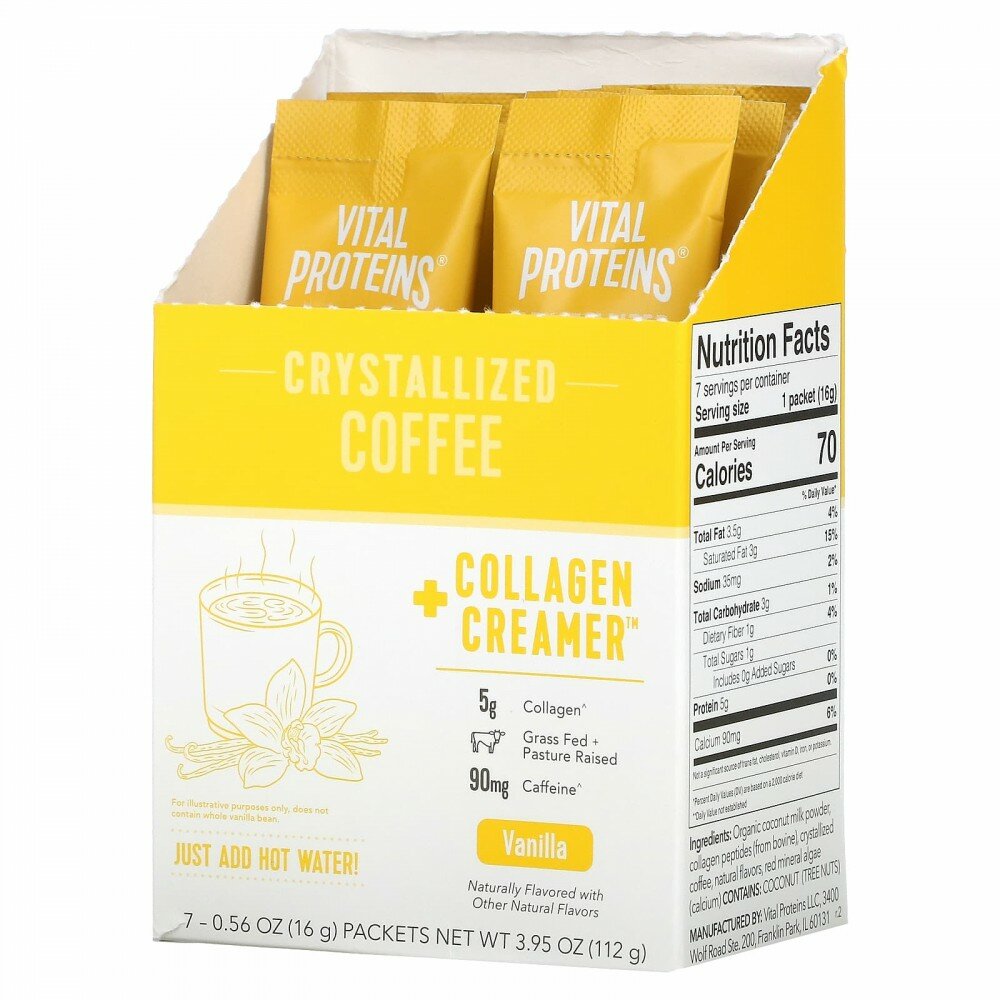 Vital Proteins, Кристаллизованный кофе + коллагеновые сливки, ваниль, 7 пакетиков по 16 г (0,56 унции) - фотография № 1