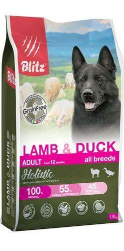 Сухой беззерновой корм для собак Blitz Holistic Lamb&Duck Adult Dog All Breeds Grain Free с ягненком и уткой 1,5 кг.