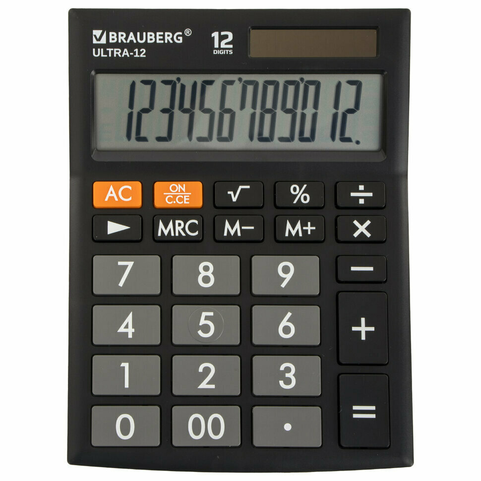 Калькулятор настольный BRAUBERG ULTRA-12-BK (192x143 мм), 12 разрядов, двойное питание, черный, 250491, 250491