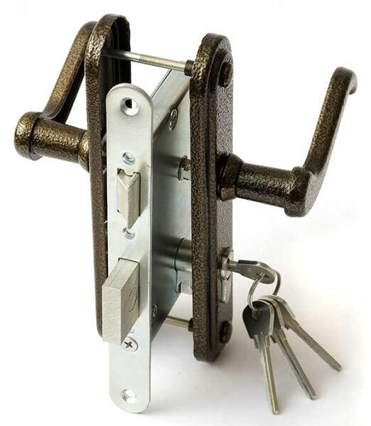 Ручка дверная на планке с замком под цилиндр с защелкой зенит ЗВ4-3.02 (медь) 4 кл.