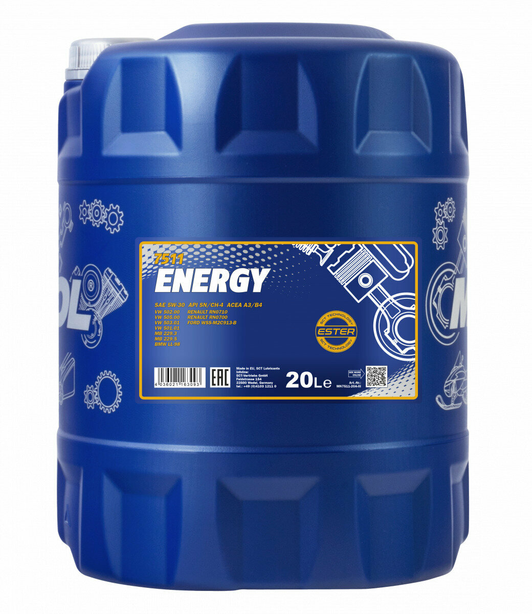 Масло Mannol Energy 5w30 Api Sn/Ch-4 Acea A3/B4 (20л) Синт. Пластик SCT арт. 7018